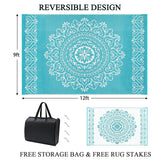 Pauwer Waterproof Outdoor Rug 9x12, Reversible Plastic Straw Patio Camping Rug, Indoor Outdoor RV Mat Carpet for Deck, Camper, Porch, Balcony, Backyard, Picnic, Floral Teal Pauwer