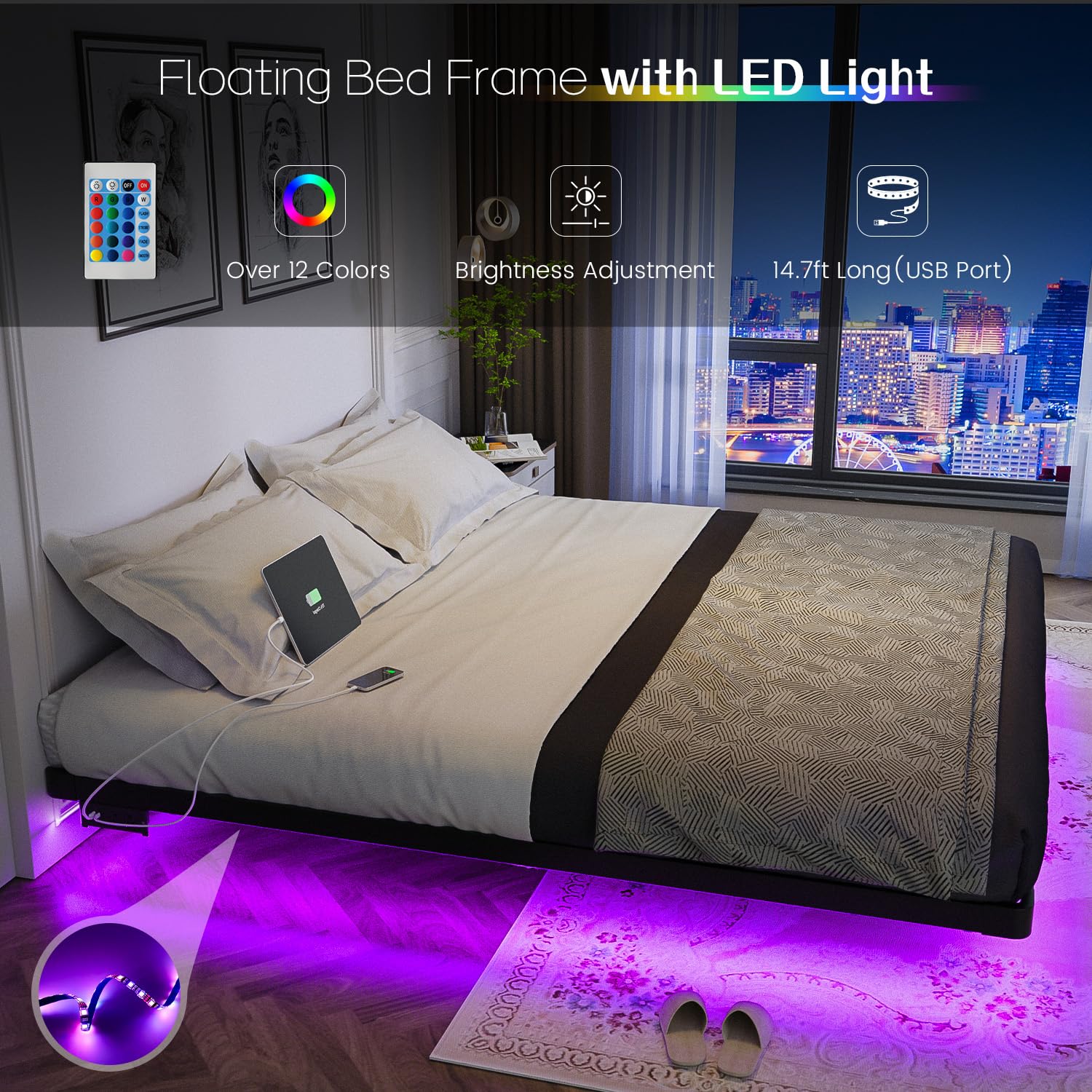 OLEVS King Size Floating Bed Frame with LED Lights and Charging Station - Stylish Metal Platform, No Box Spring Required - WoodArtSupply