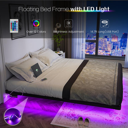 OLEVS King Size Floating Bed Frame with LED Lights and Charging Station - Stylish Metal Platform, No Box Spring Required - WoodArtSupply