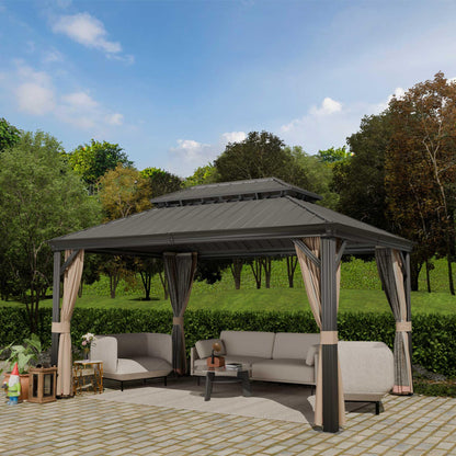 Yardsight 10' x 14' Hardtop Gazebo, Aluminum Frame Pavilion with Galvanized Steel Double Roof Heavy Duty Permanent Gazebo with Mosquito Netting and Privacy Curtain for Patio, Garden, Lawn. - WoodArtSupply