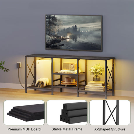 JARHETUN TV Stand with LED Lights for 55 Inch TV, Entertainment Center with 3-Tier Open Shelves, TV Console Table for Living Room, Bedroom, Black JARHETUN