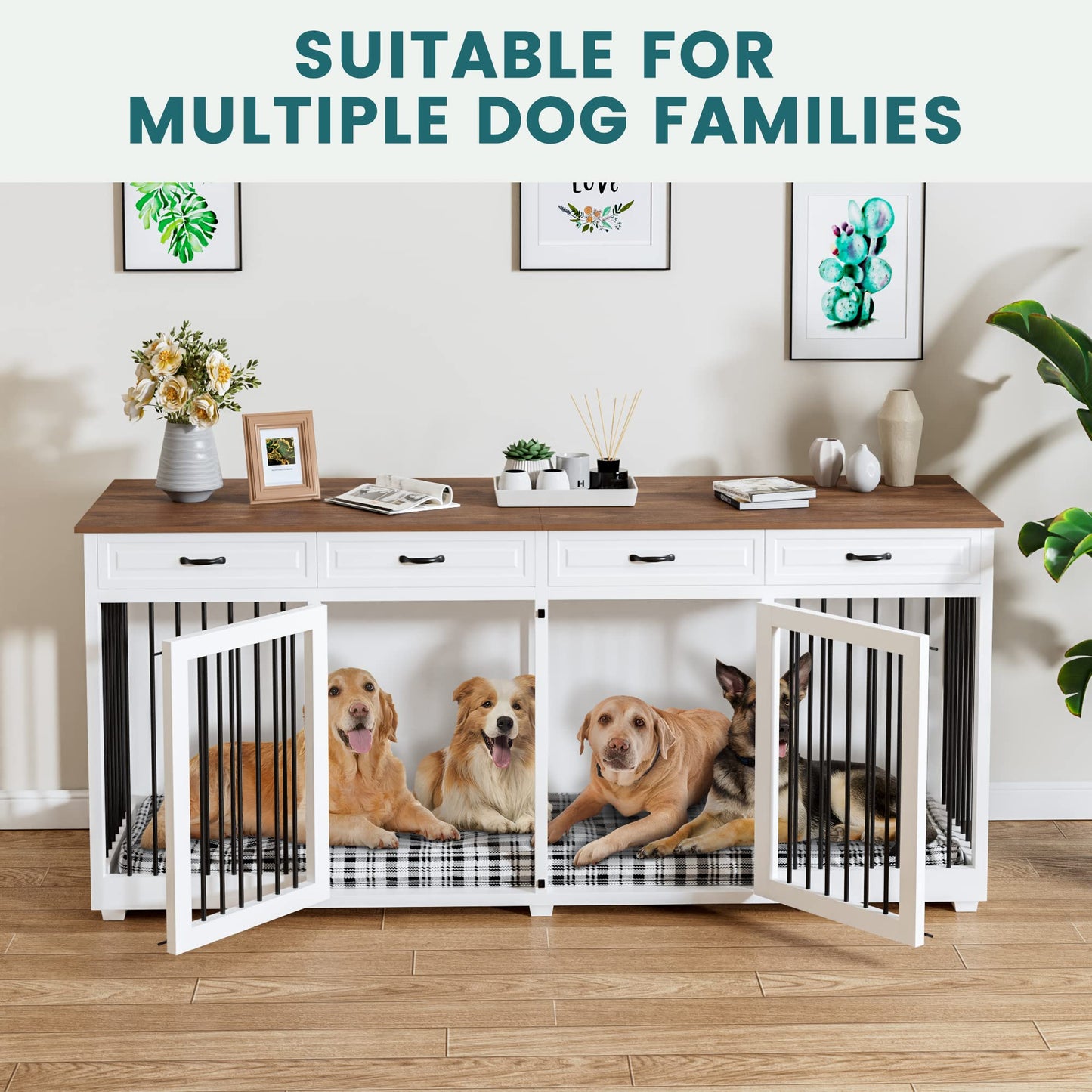 PIAOMTIEE Large Dog Crate Furniture, 86.6" Wooden Dog Crate Kennel with 4 Drawers and Divider, XL Heavy Duty Dog Crates Cage Furniture for 2 Large Dogs Indoor