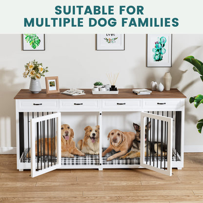 PIAOMTIEE Large Dog Crate Furniture, 86.6" Wooden Dog Crate Kennel with 4 Drawers and Divider, XL Heavy Duty Dog Crates Cage Furniture for 2 Large Dogs Indoor