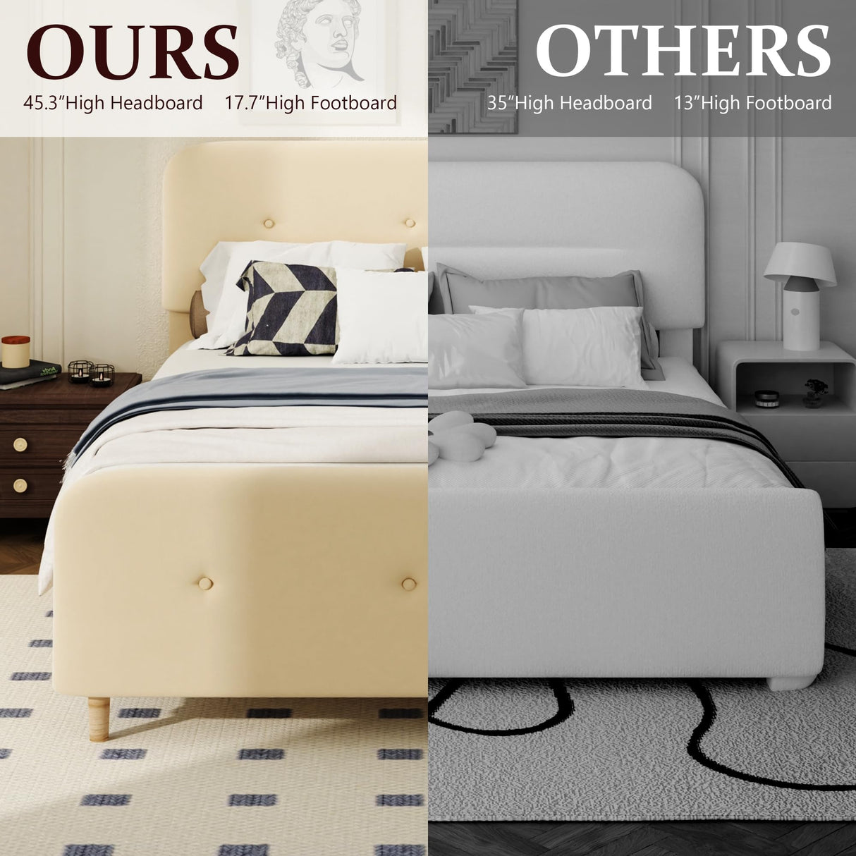 Queen Size Platform Bed Frame with Velvet Upholstered Headboard, Button Tufted Headboard and Footboard, Anti-Collision Soft Rounded Corners, No Box Spring Needed, Easy Assembly, Beige viplov