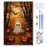 DOMROM Framed Paint by Numbers Kit for Adults Beginners with Wooden Easel, Halloween Ghost and Pumpkin Paint by Number Kit on Canvas, DIY Oil Painting Kits for Home Wall Decor Gift 8x12in DOMROM