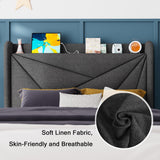 Feonase Twin Bed Frame, Upholstered Bed Frame with Charging Station, Wingback Storage Headboard, No Box Spring Needed, Noise-Free, Dark Gray Feonase