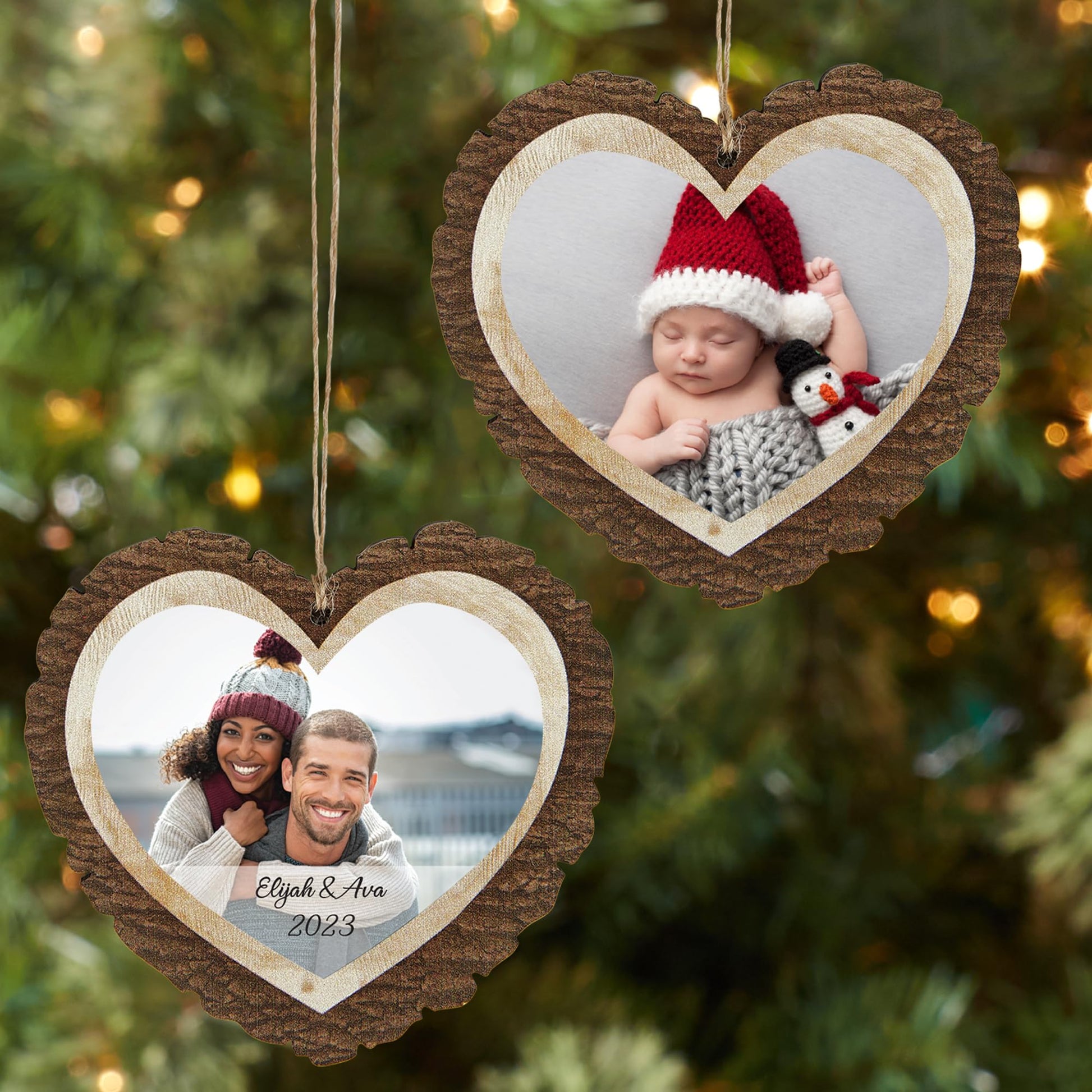 Let's Make Memories Personalized Christmas Ornament - Photo + Message - Heart-Shaped - Rustic Wood - WoodArtSupply