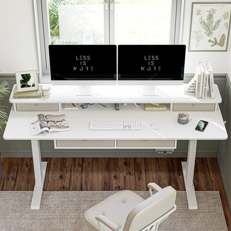 FEZIBO Sturdy Height Adjustable Electric Standing Desk with Drawers, 63 x 24 Inch Stand Up Table with Large Storage Shelf, Sit Stand Desk, White Top FEZIBO