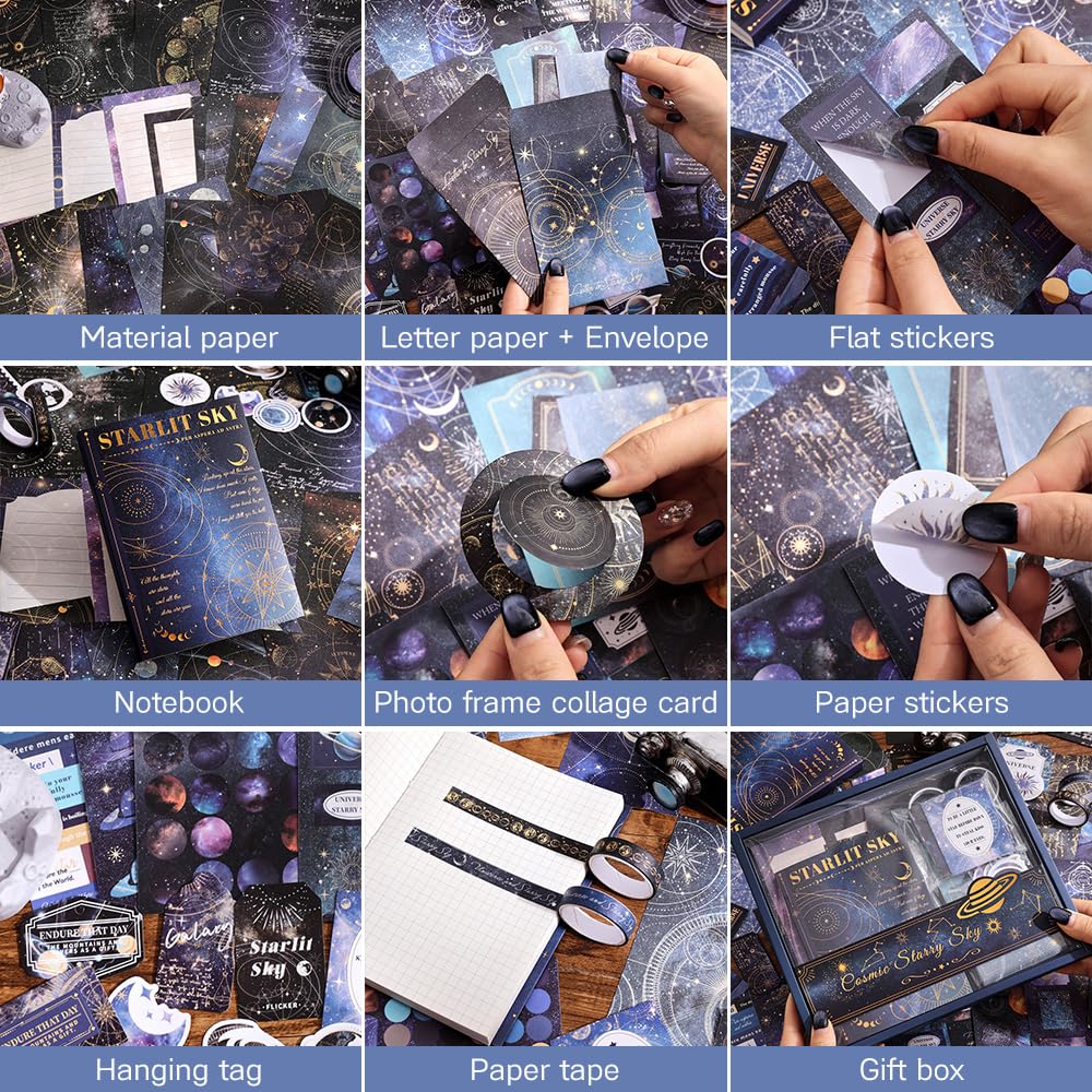 icceemee Scrapbooking Supplies Kit, Blue Starry Sky Scrapbooking Kit for Bullet Junk Journaling, Stationery, A6 Grid Notebook, Floral DIY Note-Taking Supplies, Birthday Craft Gift for Teen Girls icceemee
