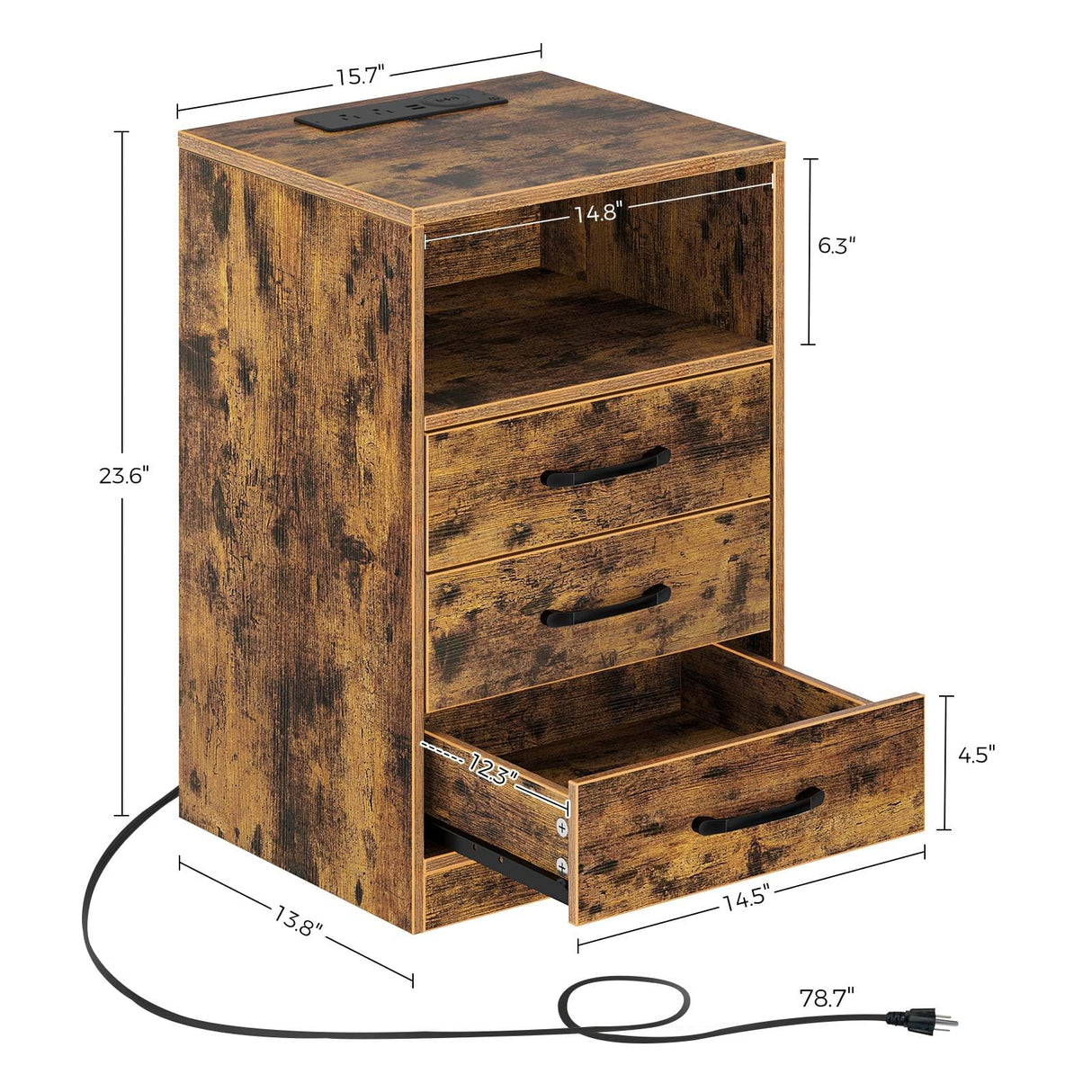 Seventable Nightstand with Wireless Charging Station and LED Lights, Rustic End Side Table with 3 Drawers and Open Compartment for Bedroom, Rustic Brown Seventable