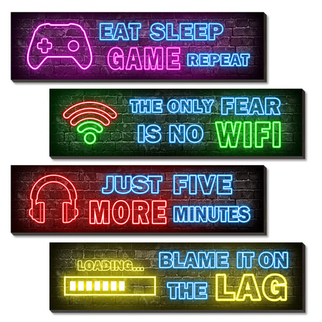 4 Pcs Printed Neon Gaming Posters, Teen Boys Room Decorations, gamer wall art Decor for bedroom Wooden Simimi art