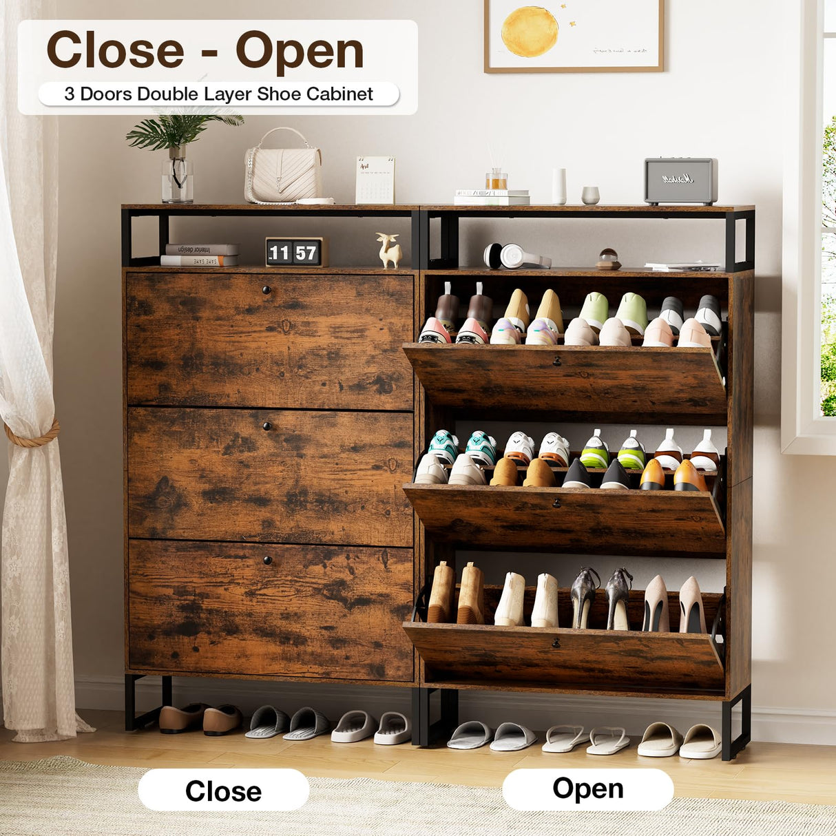 HOMMPA Shoe Storage Cabinet with 3 Flip Drawers, Freestanding Shoe Organizer with Metal Legs for Entryway, Narrow Shoe Rack Cabinet, Rustic Brown, 11.81''D x 31.49''W x 54.17''H HOMMPA