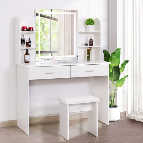 VIVOHOME Makeup Vanity Table Set with 3-Color Dimmable Lighted Mirror, 6 Storage Shelves, 2 Drawers, Cushioned Stool, White VIVOHOME