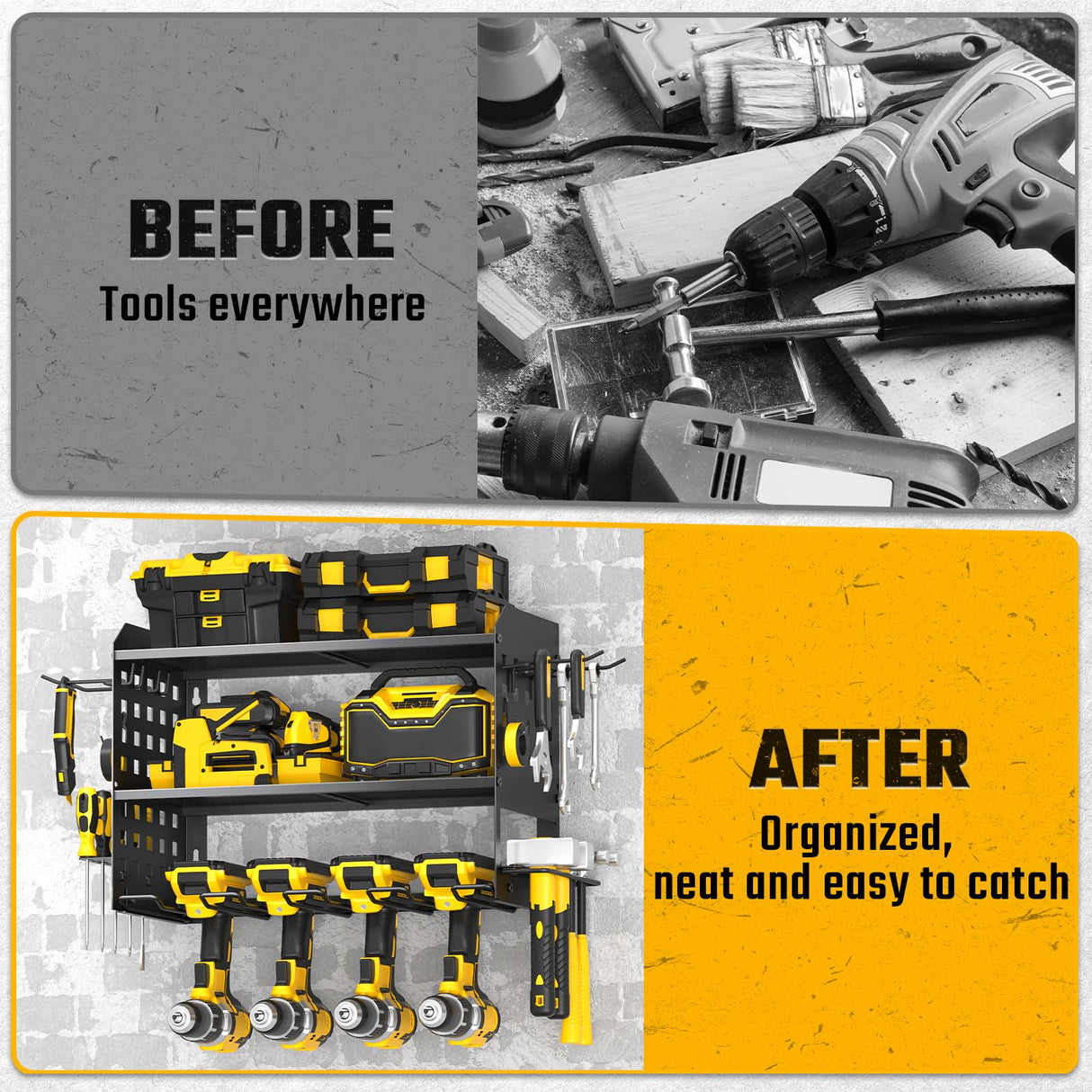 Spacecare Power Tool Organizer, Drill Holder Wall Mount with 2 Side Pegboards with Hooks, 3 Layer Garage Organization Floating Cordless Heavy Duty Tool Organizers Utility Rack for 4Drill Holders Black SPACECARE