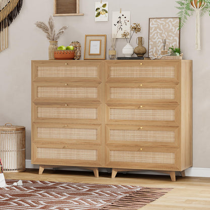 VIAGDO Rattan Dresser for Bedroom, 5 Drawer Dresser with Natural Rattan Drawers, Wooden Tall Dresser with Gold Handles, Modern Closet Dressers Chest of Drawers for Nursery Entryway Living Roo - WoodArtSupply