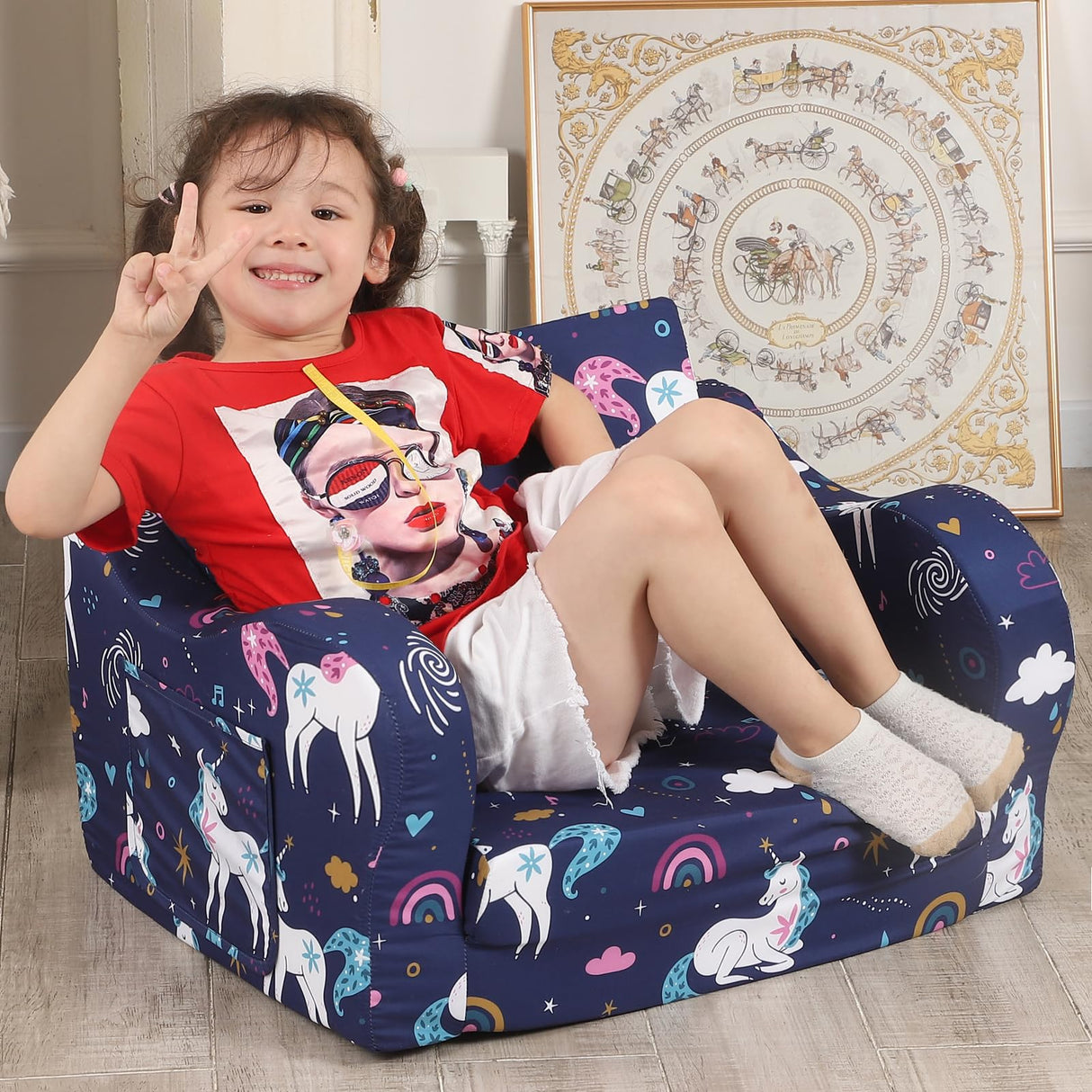 MOMCAYWEX Rainbow Unicorn Kids Sofa, 2-in-1 Kids Couch Fold Out, Convertible Sofa to Bed for Girls and Boys MOMCAYWEX