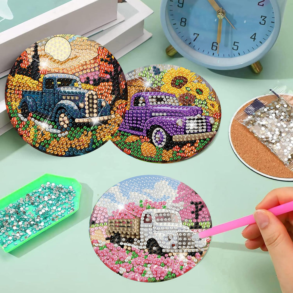 8 Pcs Diamond Art Coasters Kits - All Season Diamond Painting Coasters with Holder Cork Pads DIY Truck Art Dots Painting Set for Adults Beginners Crafts Meothan