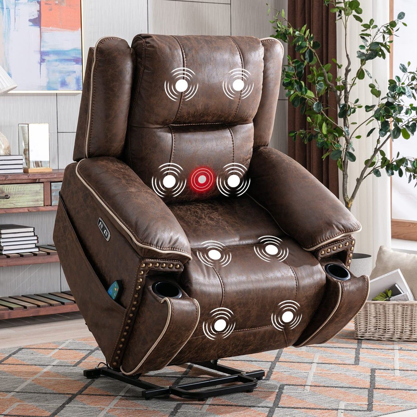 CANMOV Dual Motor Large Power Lift Recliner Chairs with Massage and Heat for Elderly Big People, Electric Faux Leather Recliner with Adjustable Headrest, 2 Concealed Cup Holders, USB Ports, Nut Brown