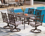 PHI VILLA Cast Aluminum Patio Dining Set for 6 Person, 7 Piece Outdoor Patio Set with 63" x 37.4" Cast-Top Aluminum Table(2.3" Umbrella Hole) and 6 Swivel Rockers Dining Chairs with Cushions PHI VILLA