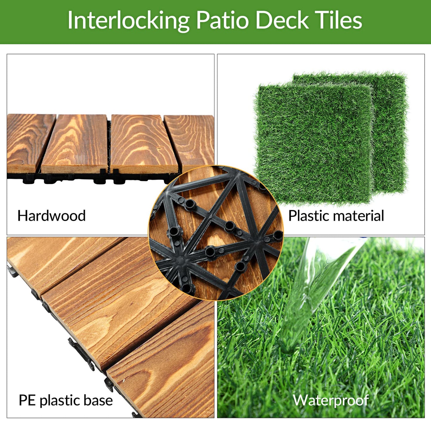 48 Pcs Hardwood Interlocking Patio Deck Tile and Artificial Grass Tile Waterproof Wood Flooring Tile Interlocking Turf Tile Outdoor Self Draining Tile for Balcony Garden Patio Lawn, 12x12 in