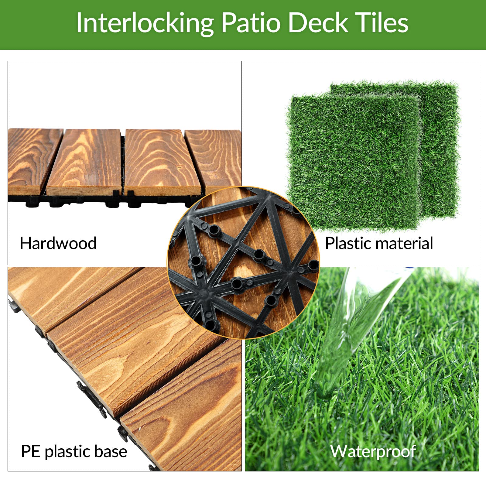 Menkxi 72 Pcs Hardwood Interlocking Patio Deck Tile and Artificial Grass Tile 12 x 12 In Waterproof Wood Flooring Tile Interlocking Turf Tile Outdoor Self Draining Tile for Balcony Garden Pat - WoodArtSupply