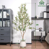 VIVATREES Artificial Olive Tree, 5FT Tall Faux Olive Tree with White Planter, Artificial Plants with Natural Wood Trunk and Lifelike Fruits for Home Office Decor VIVATREES