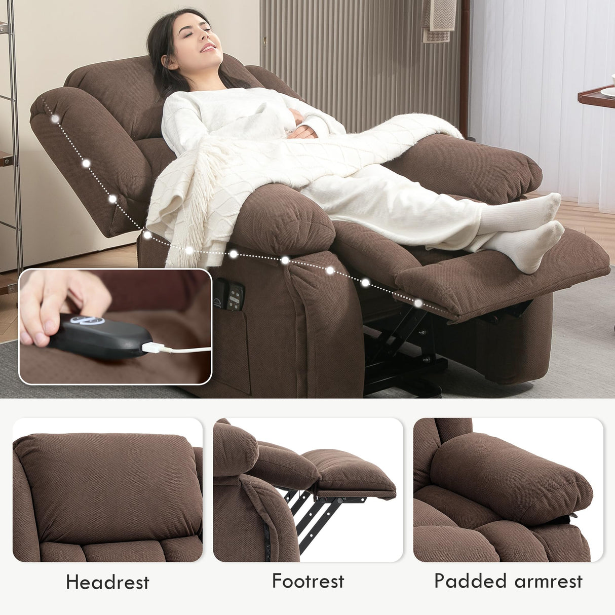HOMCOM Power Lift Recliner Chair for Elderly with Vibration Massage and Heat, Overstuffed Reclining Chair with Remote, USB Port and Side Pockets, Single Sofa with Pocket Spring, Brown HOMCOM