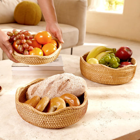 AMIDECOR Rattan Woven Fruit Basket, Natural Round Bread Basket, Decorative Fruit Bowl for Kitchen Counter, Kitchen Storage Baskets for Vegetables, Eggs,Snacks AMIDECOR