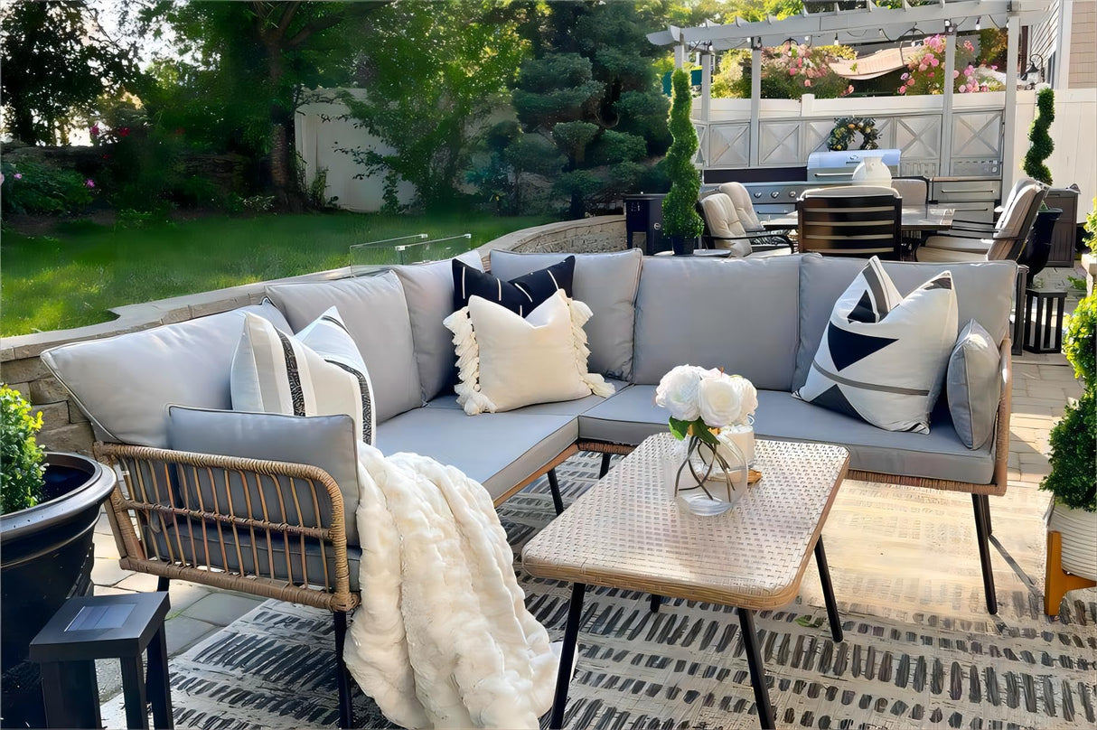 YITAHOME 4 Pieces Patio Furniture Set, Outdoor Wicker Conversation Sectional L-Shaped Sofa with 5 Seater for Backyard, Porch, Boho Detachable Lounger with Thickness Cushions and Side Table - Grey YITAHOME