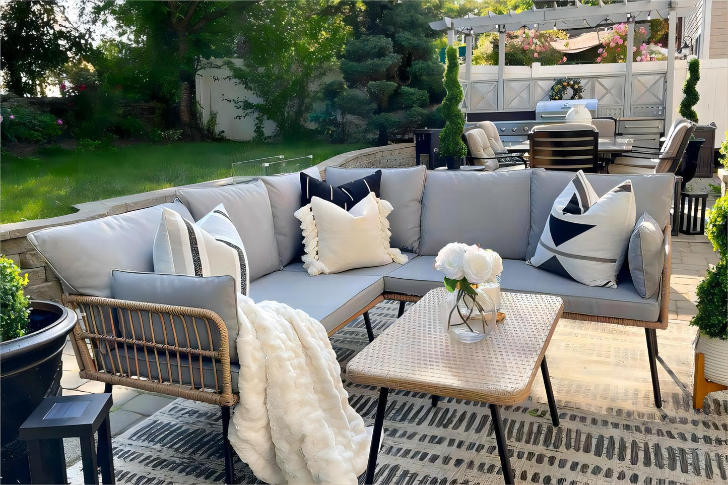 YITAHOME 4 Pieces Patio Furniture Set, Outdoor Wicker Conversation Sectional L-Shaped Sofa with 5 Seater for Backyard, Porch, Boho Detachable Lounger with Thickness Cushions and Side Table - Grey