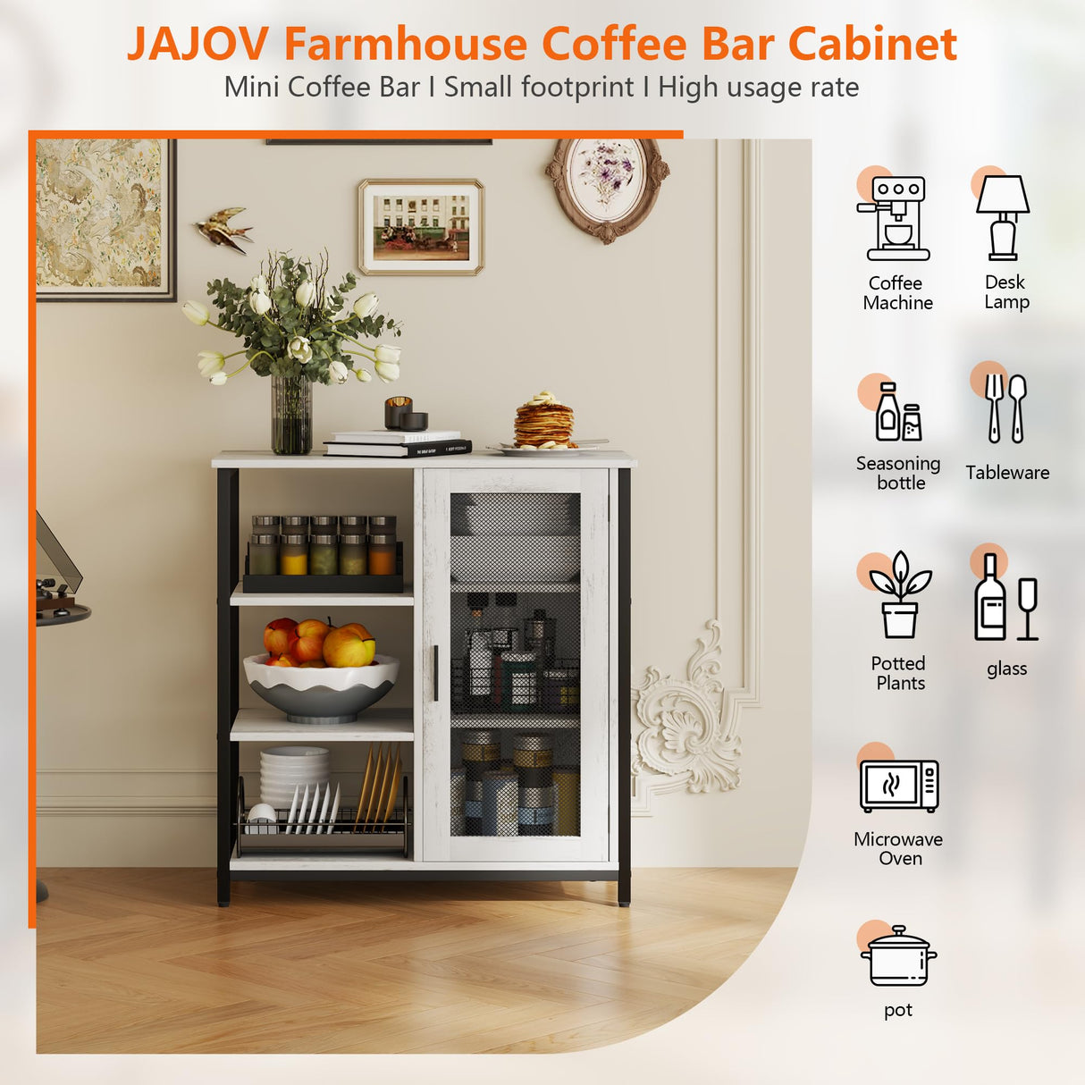 jajov 27.5'' Coffee bar Cabinet with Storage, Small Corner Coffee Stand Station for Kitchen, Farmhouse Dining Hutch Cabinet, Multipurpose Side Console Table (White) jajov