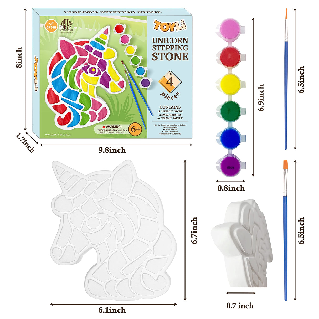 TOYLI Unicorn Painting Kit for Kids, Art Set, DIY Project, Stepping Stone Kit, Includes 2 Brushes and 6 Paints, Mess-Free Arts and Crafts TOYLI