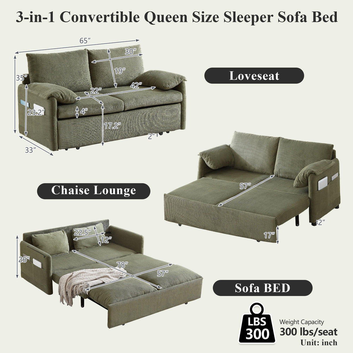 CAPCAEK Queen Size Pull Out Couch Sleeper Sofa Bed, 3-in-1 Convertible Futon Couch for Living Room with Storage Pockets & Arm Pillows, Modern Corduroy Sofa Bed(Green) CAPCAEK