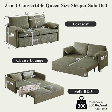 CAPCAEK Queen Size Pull Out Couch Sleeper Sofa Bed, 3-in-1 Convertible Futon Couch for Living Room with Storage Pockets & Arm Pillows, Modern Corduroy Sofa Bed(Green) CAPCAEK