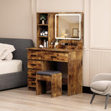 Hesitroad Vanity Desk with Mirror and Lights, Makeup Vanity Makeup Desk Large Vanity Desk with Storage Shelves, Vanity Table 5 Drawers Bedroom Dressing Table with Chair Small Vanity Desk Retro Brown Hesitroad