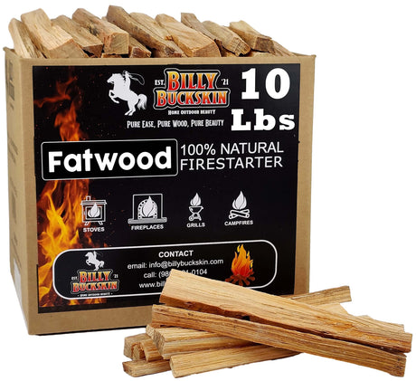 10 lbs. Fatwood Fire Starter Sticks, Perfect Fire Starters for Fire Pit, Campfires, Fireplaces, Bonfires, BBQ & Wood Stoves, Easy to Start a Fire with Just 2 Sticks, Camping Essentials (10 Pound Box) BILLY BUCKSKIN HOME & BEAUTY