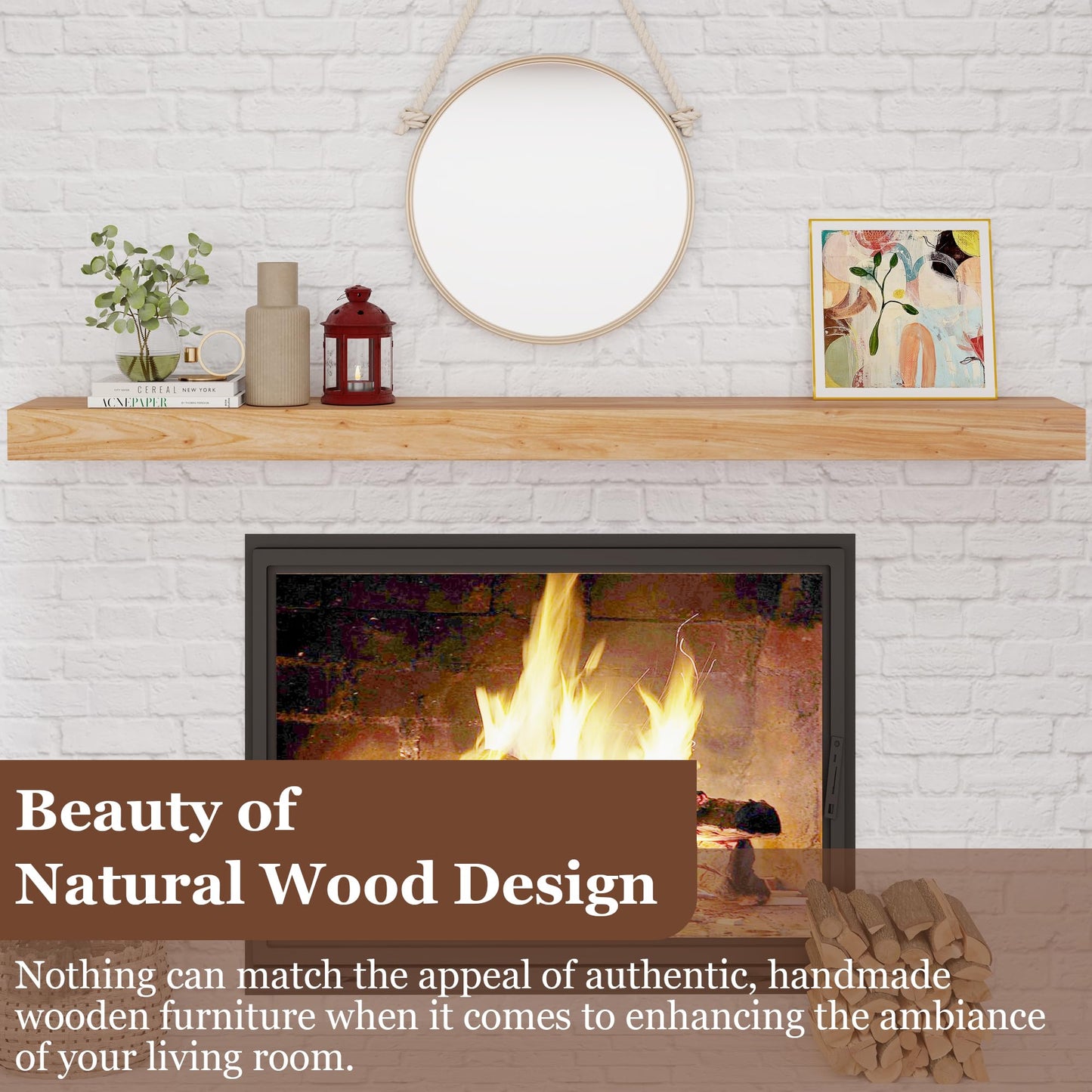 Axeman Fireplace Mantel | 72" W Elm Wood Floating Shelves | Handcrafted Hollow Distressed Beam | Wall Mounted Wooden Display Shelfing | with Invisible Heavy Duty Bracket | 72W x 3H x 8D