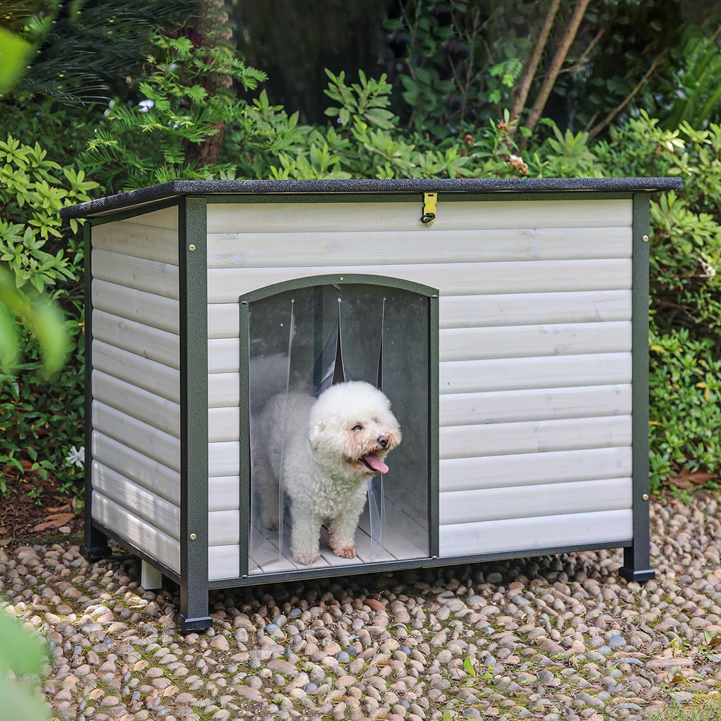 Dog House Outdoor Insulated Dog House for Small Medium Large Dogs, Natural Wood with Iron Frame, Waterproof Roof Raised Feet (43.3" L-White)