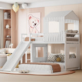 Harper & Bright Designs House Bunk Bed with Slide,Wood Twin Over Full Bunk Bed with Roof,Ladder & Safety Guardrail,Floor Bunk Loft Bed for Kids,Teens,No Box Spring Needed, White Harper & Bright Designs