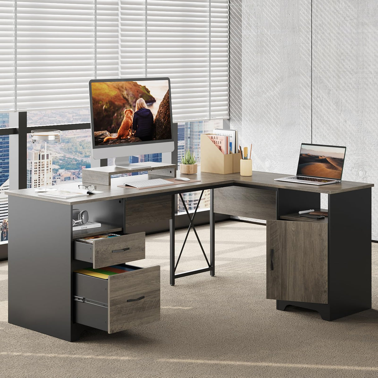 Bestier L Shaped Desk with File Drawers, 63" x 47" Office Computer Desk with Storage Cabinet, Corner Desk with Monitor Stand & Modesty Panel for Home Office, Dark Gray Bestier