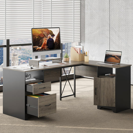 Bestier L Shaped Desk with File Drawers, 63" x 47" Office Computer Desk with Storage Cabinet, Corner Desk with Monitor Stand & Modesty Panel for Home Office, Dark Gray Bestier