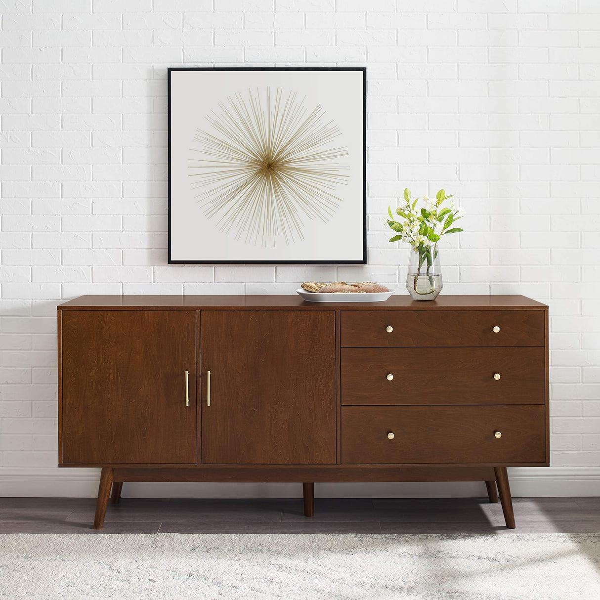 Walker Edison Mid-Century Modern Wood Kitchen Buffet Sideboard Entryway Serving Storage Cabinet Doors-Dining Room Console, 70 Inch, Walnut Walker Edison