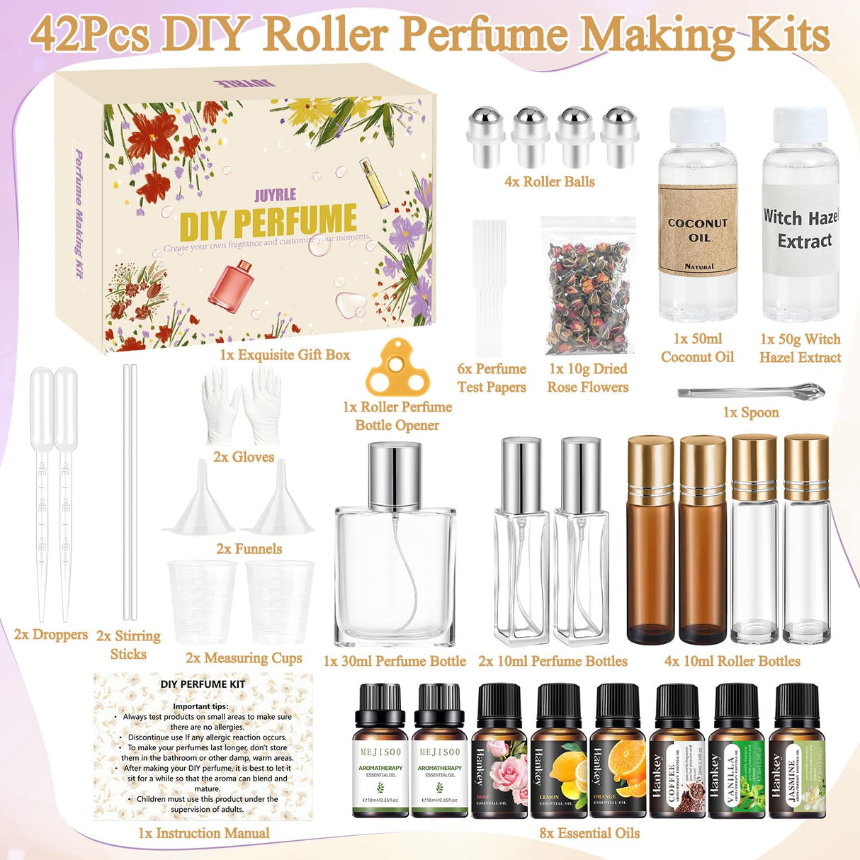 JUYRLE Perfume Making Kit- DIY Roller Perfume Making Kits for Women, Make Your Own Scent with Essential Oil, Bottle, Roller Fragrance Set, Fragrance Gifts for Women Girls JUYRLE