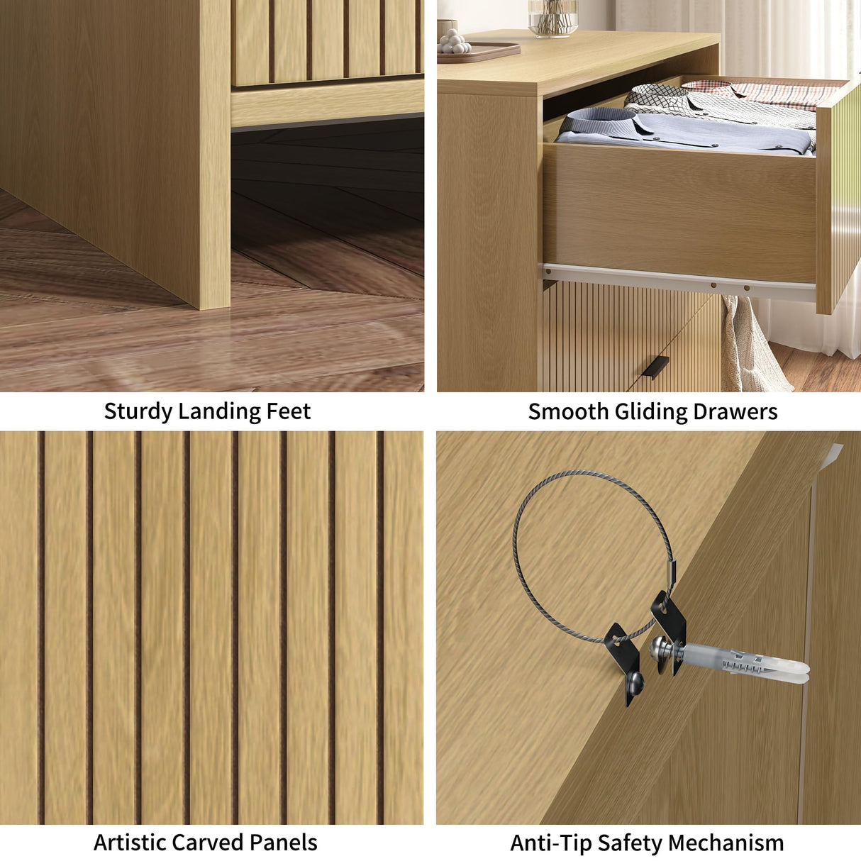 BVIUNTWO Fluted 9 Drawer Dresser,95 Inch Modern Chest of Drawers with Metal Handle,Wood Dresser Organizer for Bedroom,Living Room,Hallway,Natural Oak BVIUNTWO