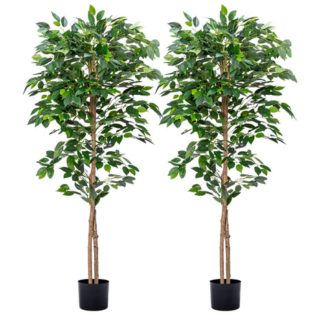 HAIHONG 2Packs 5FT Artificial Ficus Trees with Realistic Leaves and Natural Trunk, Faux Ficus Tree with Sturdy Plastic Nursery Pot, Fake Ficus Tree for Office Home Farmhouse for Indoor Outdoor Decor HAIHONG