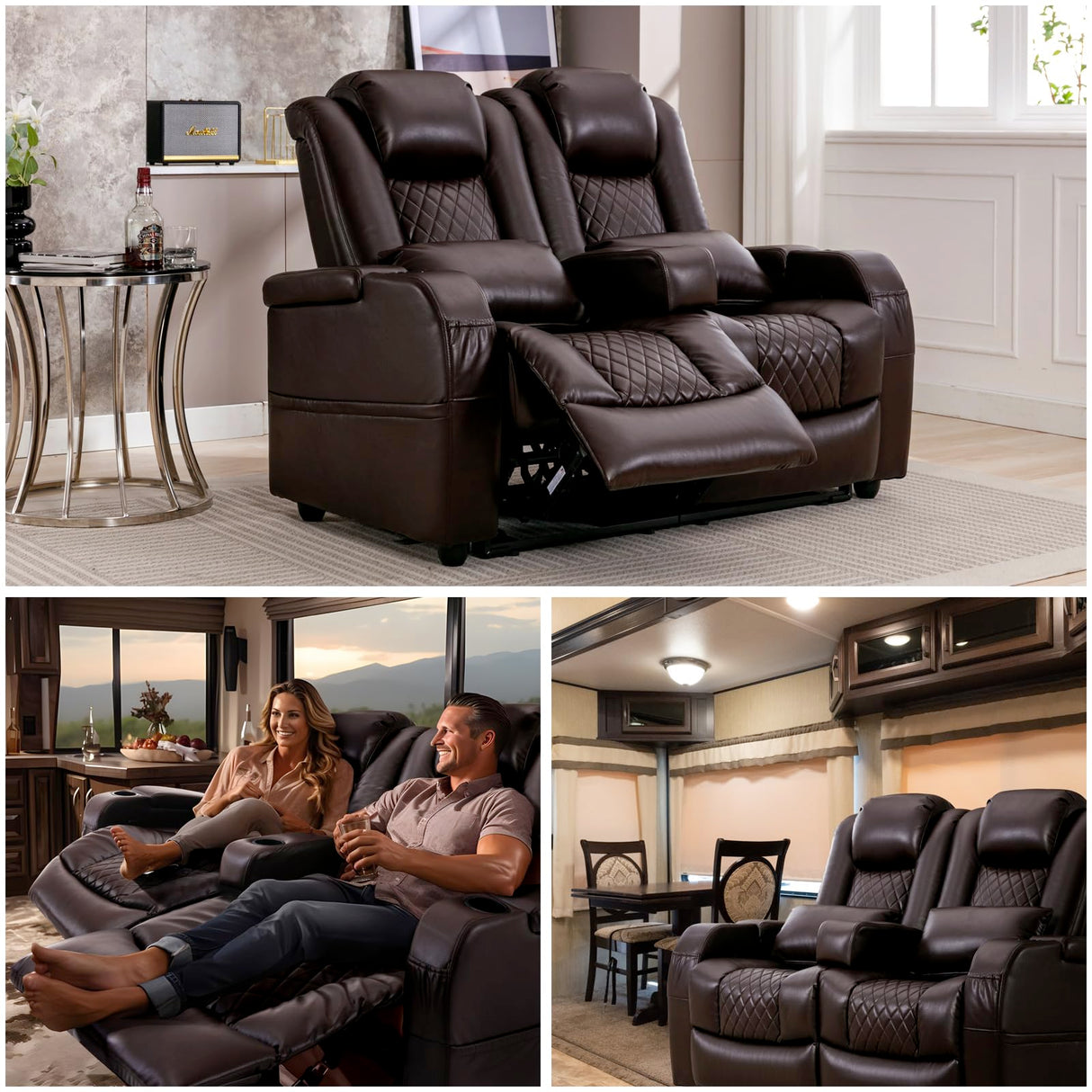 Attliahome 57" RV Loveseat Recliner, Double Recliner Furniture with 3 Arms and 2 Pillows, Wall Hugger Recliners & 135° Reclining Theater Seating (Brown PU Leather RV Couch) Attliahome