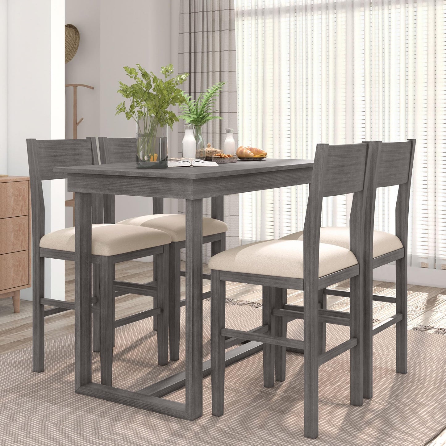 LUMISOL 5-Piece Grey Farmhouse Counter Height Dining Set with Upholstered Chairs - WoodArtSupply