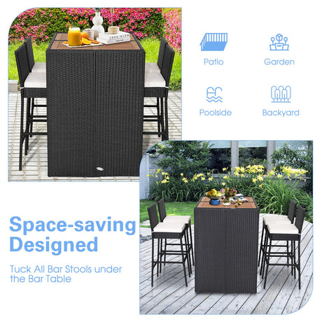 Tangkula 5-Piece Off White Outdoor Wicker Bar Set with Acacia Wood Table and Cushioned Stools Tangkula