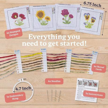 Kraftex Stamped Cross Stitch Kits for Beginners (Flower Theme - 6.75 Inch - 4 Pack 1 x Embroidery Hoop) Embroidery Needlepoint Patterns for Adults, Includes Poppy, Rose, Sunflower and Pansy Kraftex