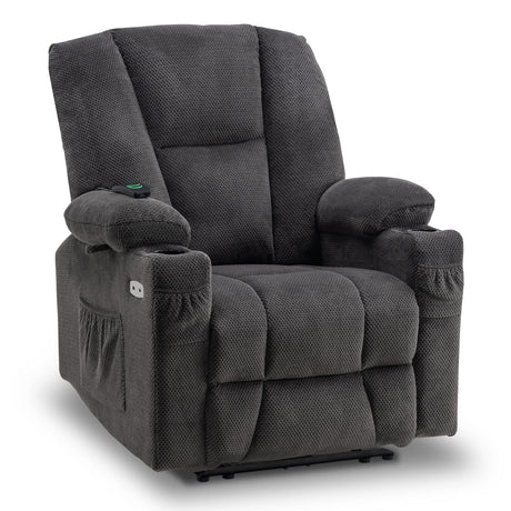 MCombo Fabric Electric Power Recliner Chair with Heat and Vibration, Cup Holders, USB Charge Ports, Extended Footrest, Cloth Powered Reclining for Living Room 8015(Grey) MCombo